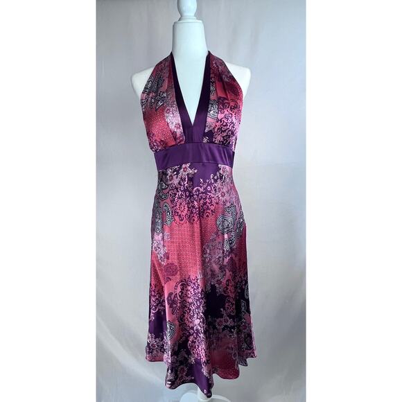 Muse Y2K Halter 100% Silk Coral Pink Purple Paisley Cocktail Preppy Dress 8 - Picture 1 of 9